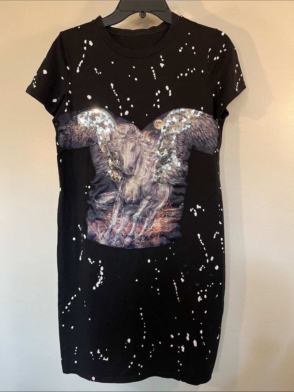 Black Sequin Pegasus Graphic Tee Dress